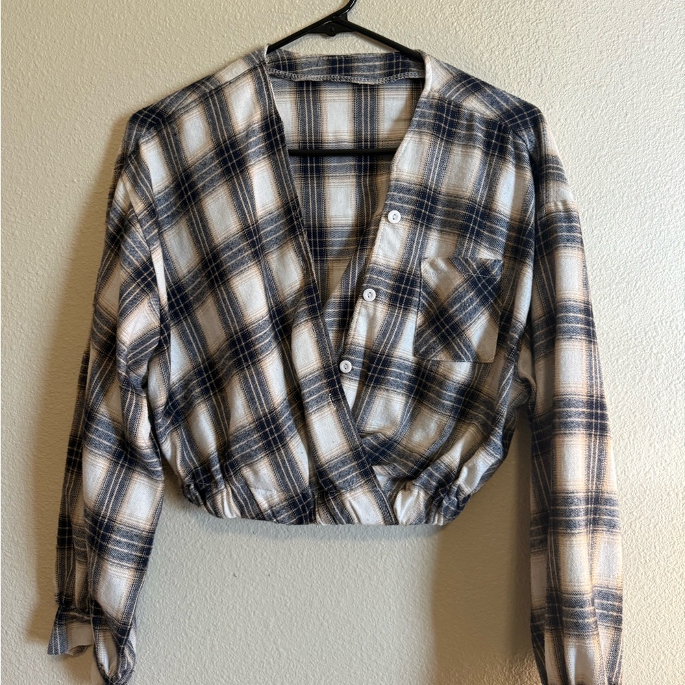 SHEIN Plaid Button Down Shirt - Blue and White